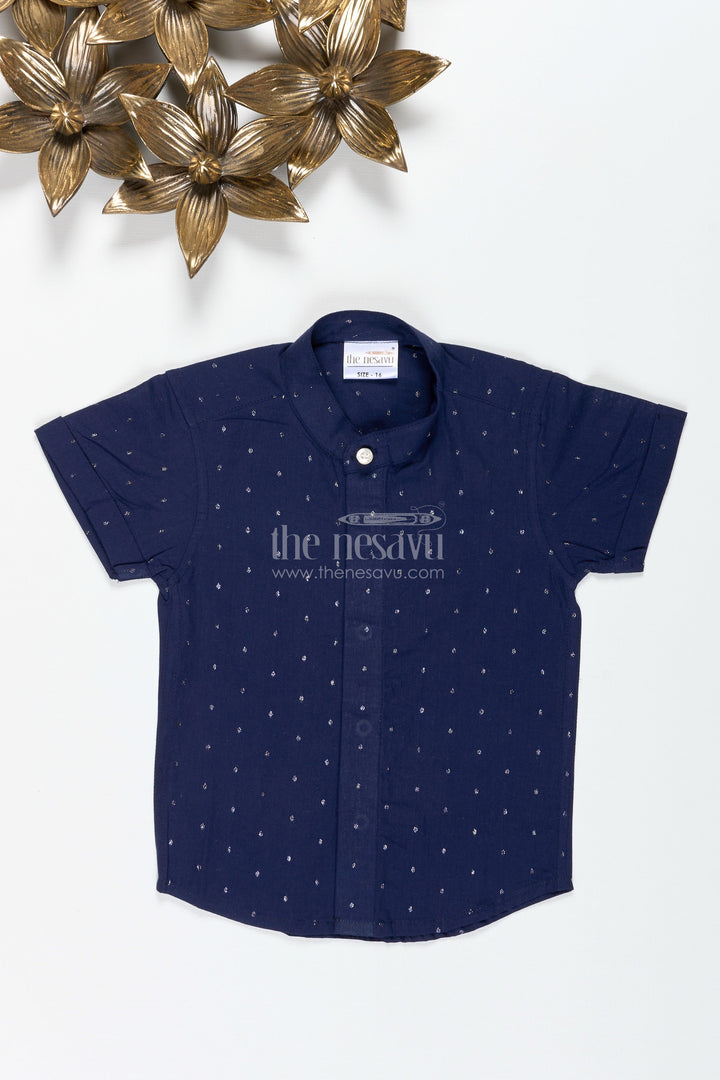 The Nesavu Boys Cotton Shirt Boys Navy Shimmer Butti Shirt with Minimal Motifs for Dressy Evenings Nesavu 16 (1Y) / Blue BS313A-16 Nesavu Boys Navy Shimmer Butti Shirt Festive Cotton Shirt Subtle Embroidery