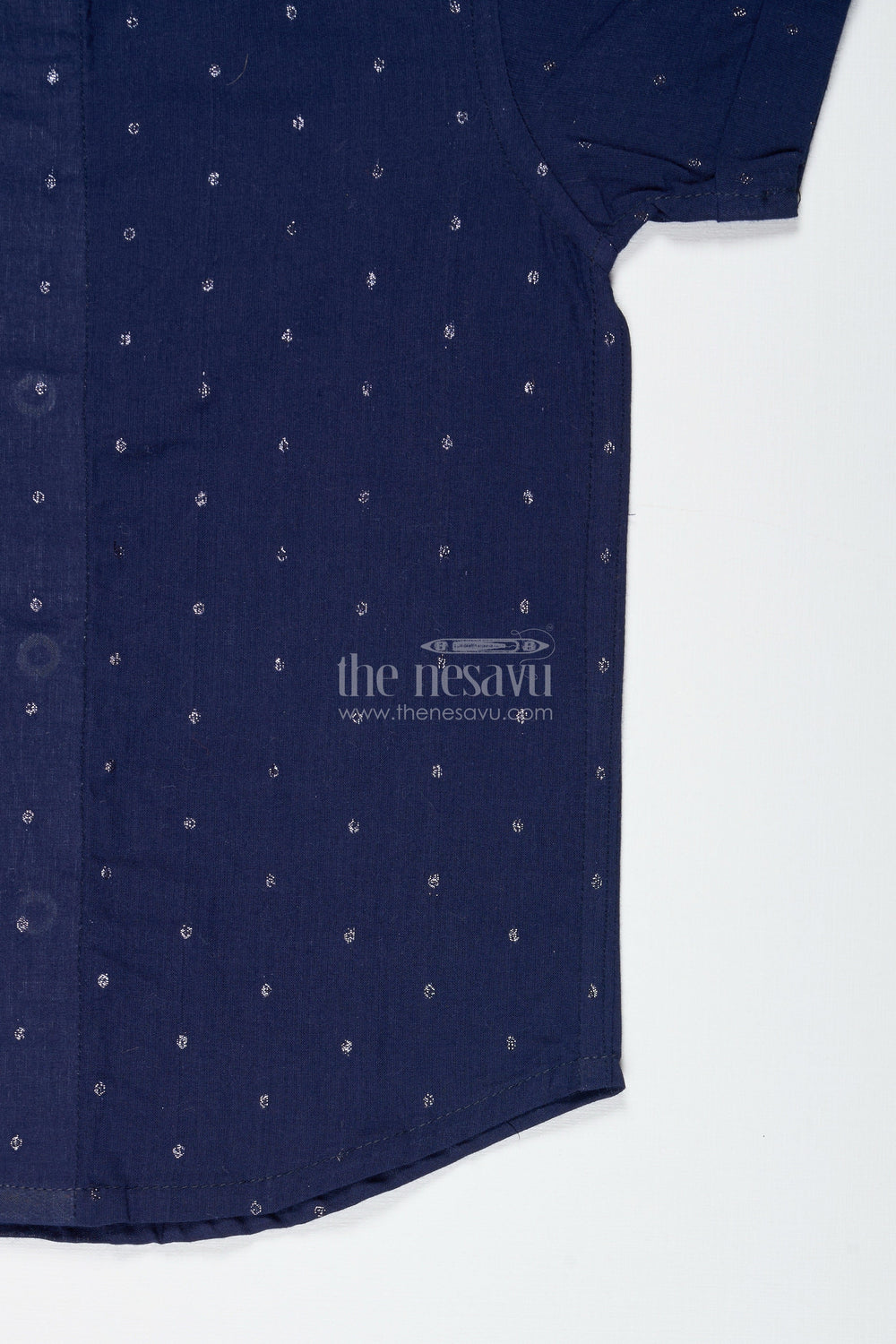 The Nesavu Boys Cotton Shirt Boys Navy Shimmer Butti Shirt with Minimal Motifs for Dressy Evenings Nesavu Nesavu Boys Navy Shimmer Butti Shirt Festive Cotton Shirt Subtle Embroidery