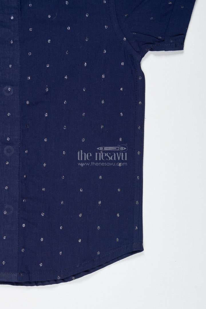 The Nesavu Boys Cotton Shirt Boys Navy Shimmer Butti Shirt with Minimal Motifs for Dressy Evenings Nesavu Nesavu Boys Navy Shimmer Butti Shirt Festive Cotton Shirt Subtle Embroidery