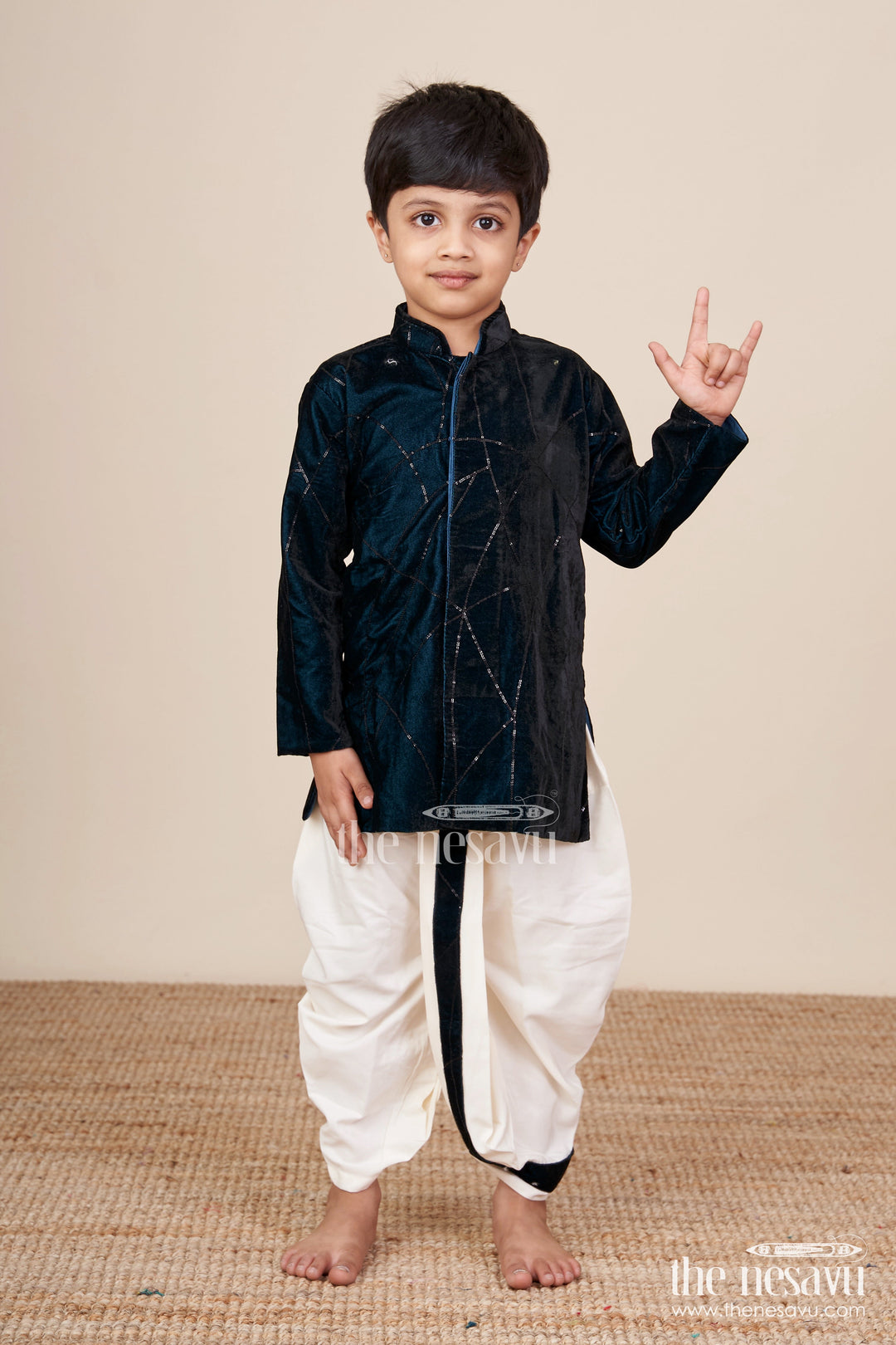 The Nesavu Boys Dothi Set Boys Navy Velvet Dhoti Set with Embroidery for Festive Occasions Nesavu 14 (6M) / Blue BES774A-14 Nesavu Boys Navy Velvet Embroidered Dhoti Set Traditional Festive Outfit Weddings Functions