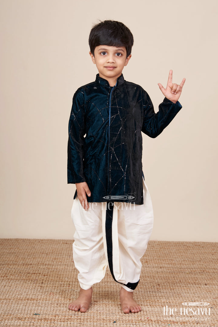 The Nesavu Boys Dothi Set Boys Navy Velvet Dhoti Set with Embroidery for Festive Occasions Nesavu 14 (6M) / Blue BES774A-14 Nesavu Boys Navy Velvet Embroidered Dhoti Set Traditional Festive Outfit Weddings Functions