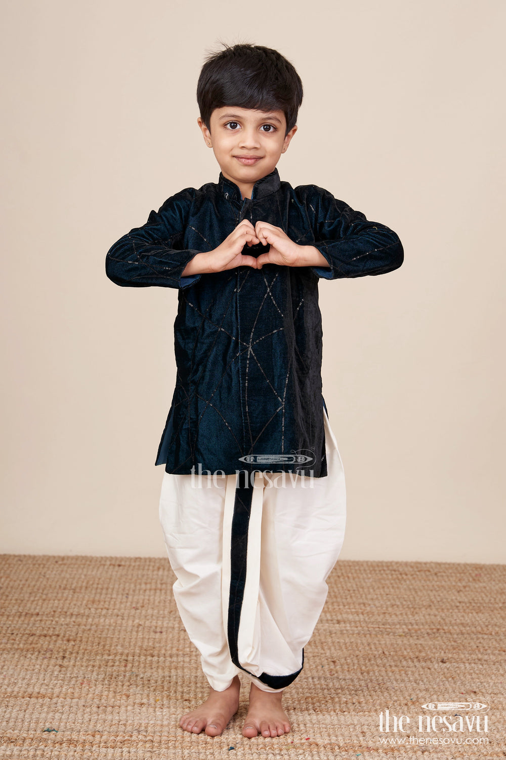 The Nesavu Boys Dothi Set Boys Navy Velvet Dhoti Set with Embroidery for Festive Occasions Nesavu Nesavu Boys Navy Velvet Embroidered Dhoti Set Traditional Festive Outfit Weddings Functions