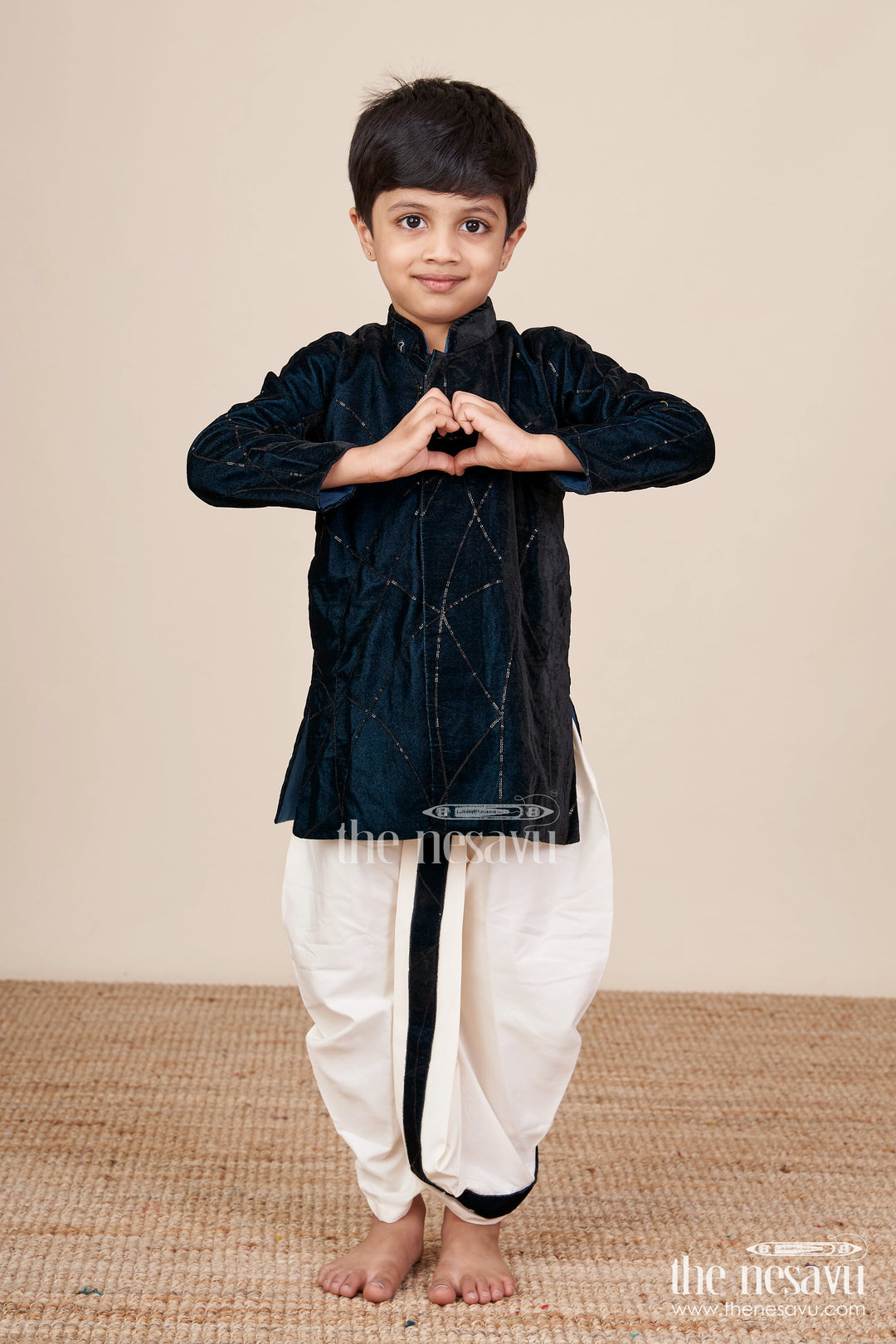 The Nesavu Boys Dothi Set Boys Navy Velvet Dhoti Set with Embroidery for Festive Occasions Nesavu Nesavu Boys Navy Velvet Embroidered Dhoti Set Traditional Festive Outfit Weddings Functions