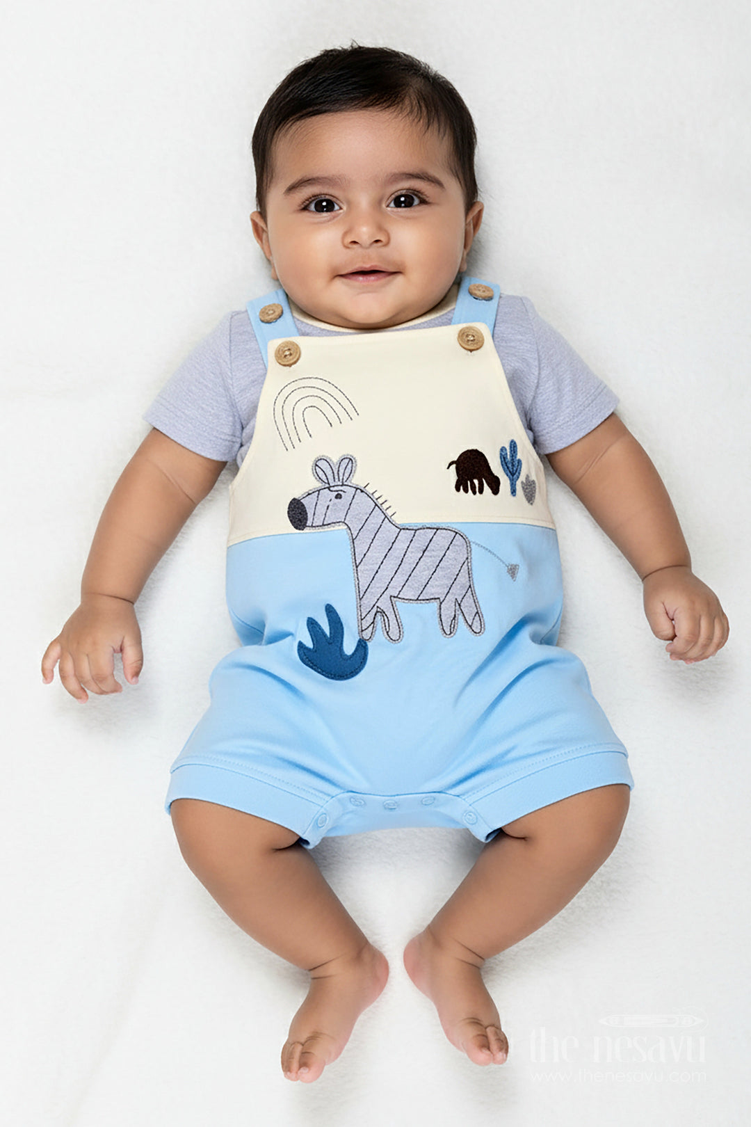 The Nesavu Boys Casual Set Boys Newborn in Romper Set with Blue Animal Embellished Overalls and Grey Tee for Soft Daily Comfort Nesavu 14 (6M) / Blue BCS286B-14 Nesavu Boys Newborn Romper Outfit Blue Safari Animal Patch Comfortable Cotton Fit