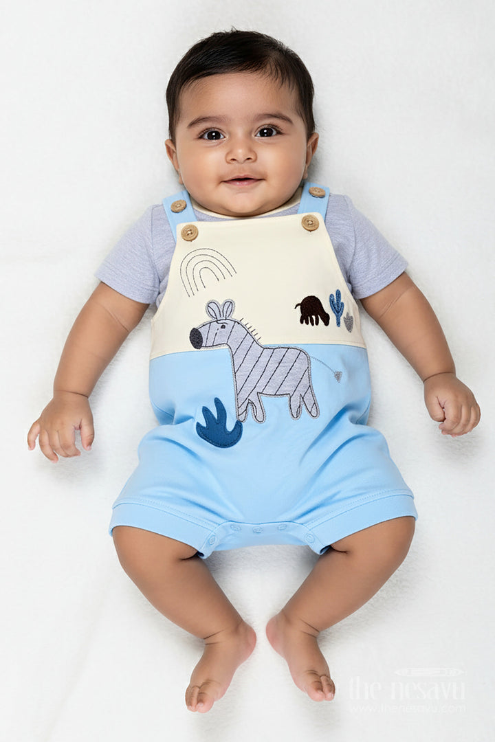 The Nesavu Boys Casual Set Boys Newborn in Romper Set with Blue Animal Embellished Overalls and Grey Tee for Soft Daily Comfort Nesavu 14 (6M) / Blue BCS286B-14 Nesavu Boys Newborn Romper Outfit Blue Safari Animal Patch Comfortable Cotton Fit