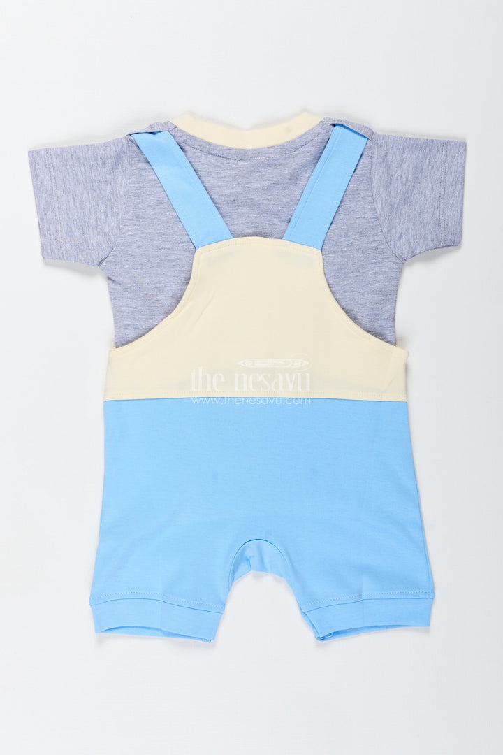 The Nesavu Boys Casual Set Boys Newborn in Romper Set with Blue Animal Embellished Overalls and Grey Tee for Soft Daily Comfort Nesavu Nesavu Boys Newborn Romper Outfit Blue Safari Animal Patch Comfortable Cotton Fit