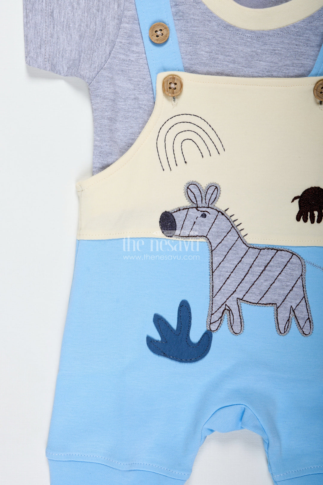 The Nesavu Boys Casual Set Boys Newborn in Romper Set with Blue Animal Embellished Overalls and Grey Tee for Soft Daily Comfort Nesavu Nesavu Boys Newborn Romper Outfit Blue Safari Animal Patch Comfortable Cotton Fit