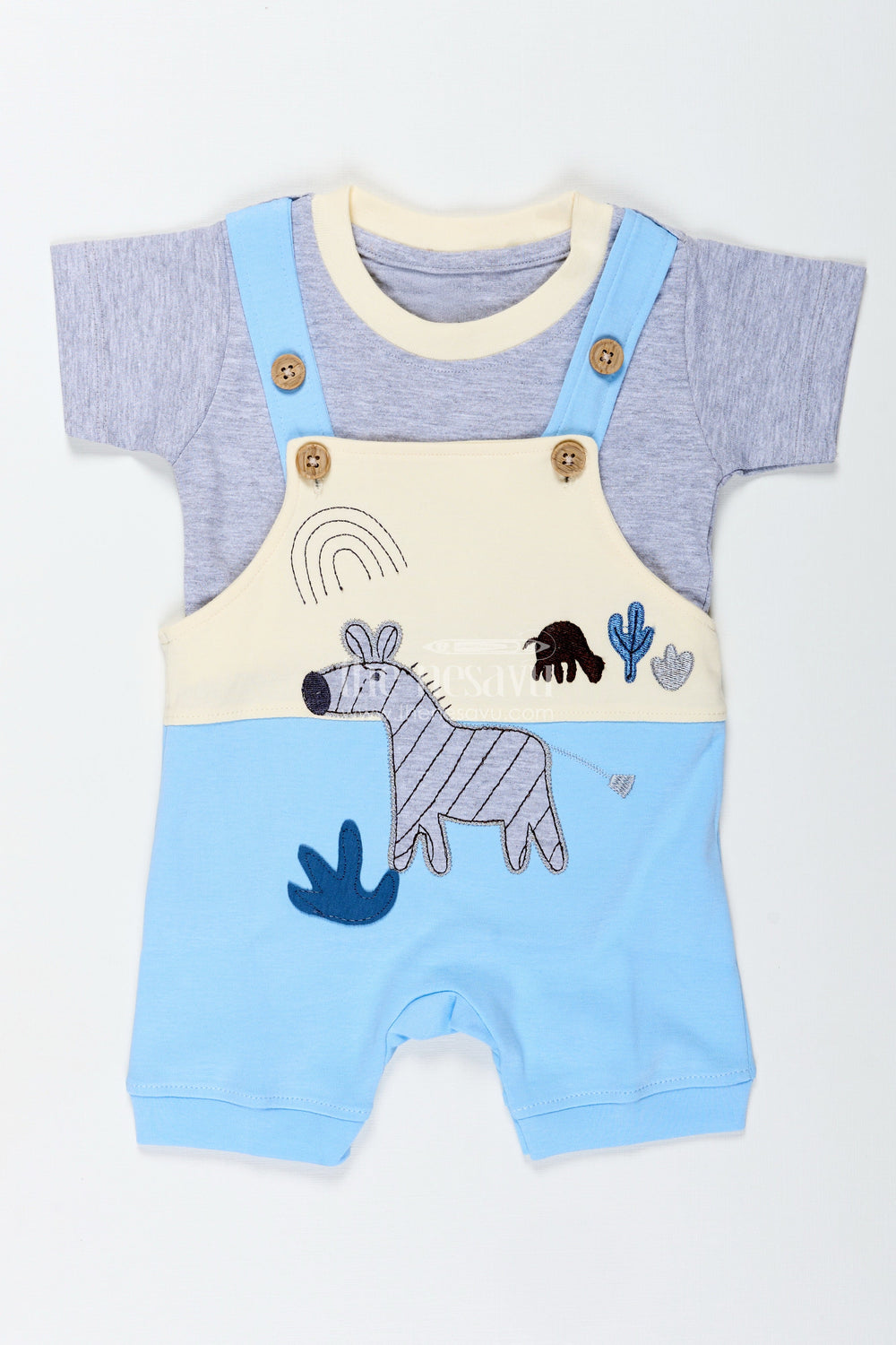 The Nesavu Boys Casual Set Boys Newborn in Romper Set with Blue Animal Embellished Overalls and Grey Tee for Soft Daily Comfort Nesavu Nesavu Boys Newborn Romper Outfit Blue Safari Animal Patch Comfortable Cotton Fit