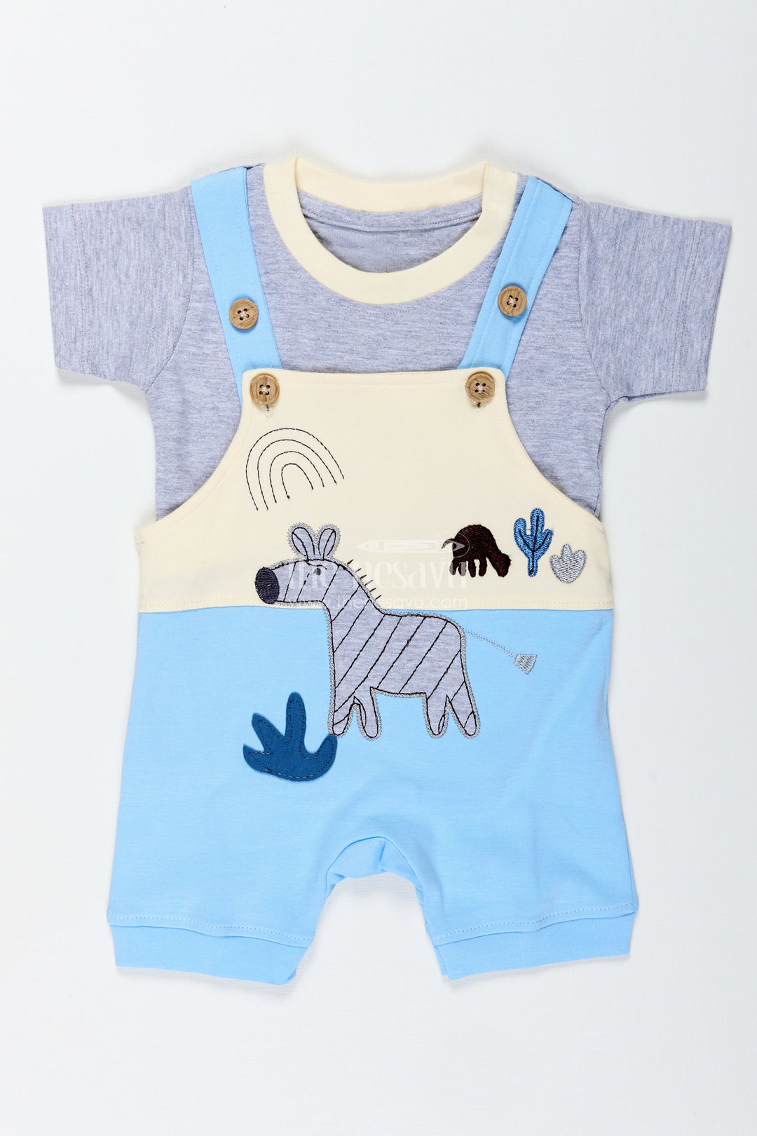 The Nesavu Boys Casual Set Boys Newborn in Romper Set with Blue Animal Embellished Overalls and Grey Tee for Soft Daily Comfort Nesavu Nesavu Boys Newborn Romper Outfit Blue Safari Animal Patch Comfortable Cotton Fit