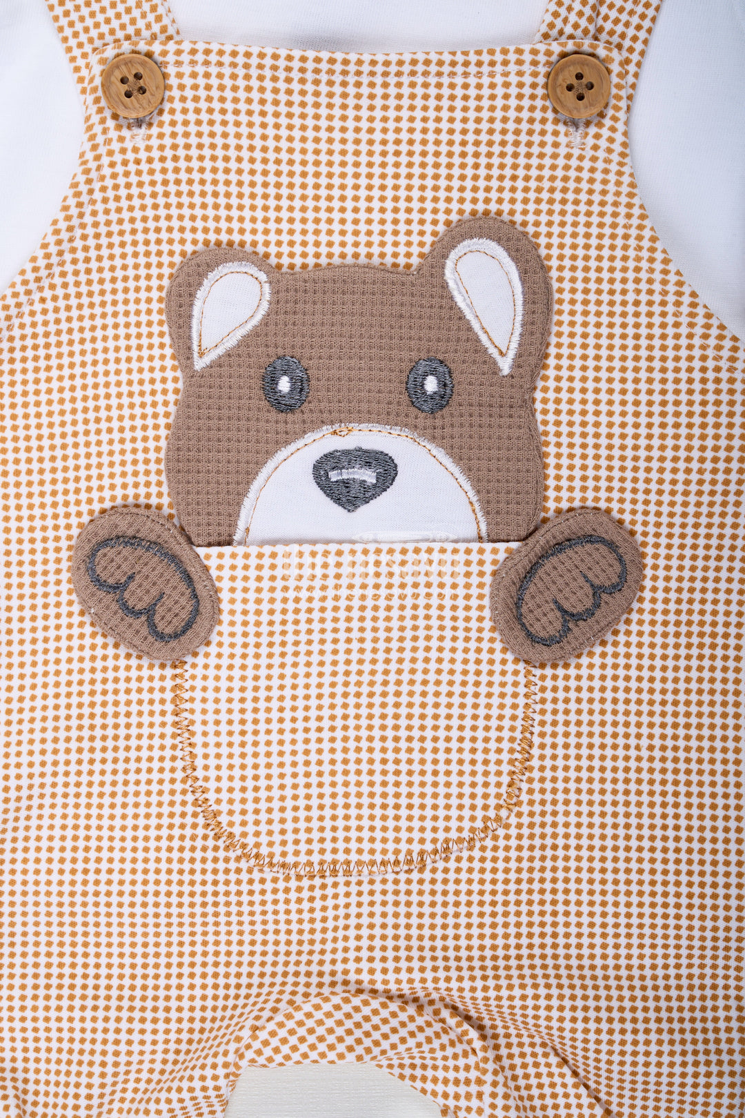 The Nesavu Boys Casual Set Boys Newborn Small Sleeve Romper Set with Bear Patch and Beige Striped Overalls in Soft Cotton Comfort Nesavu Nesavu Boys Newborn Small Sleeve Romper Set Bear Patch Beige Cotton Overalls