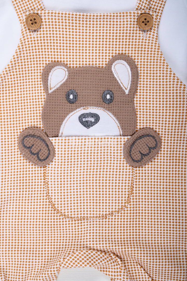 The Nesavu Boys Casual Set Boys Newborn Small Sleeve Romper Set with Bear Patch and Beige Striped Overalls in Soft Cotton Comfort Nesavu Nesavu Boys Newborn Small Sleeve Romper Set Bear Patch Beige Cotton Overalls