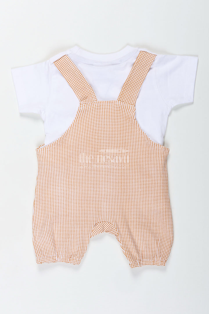 The Nesavu Boys Casual Set Boys Newborn Small Sleeve Romper Set with Bear Patch and Beige Striped Overalls in Soft Cotton Comfort Nesavu Nesavu Boys Newborn Small Sleeve Romper Set Bear Patch Beige Cotton Overalls
