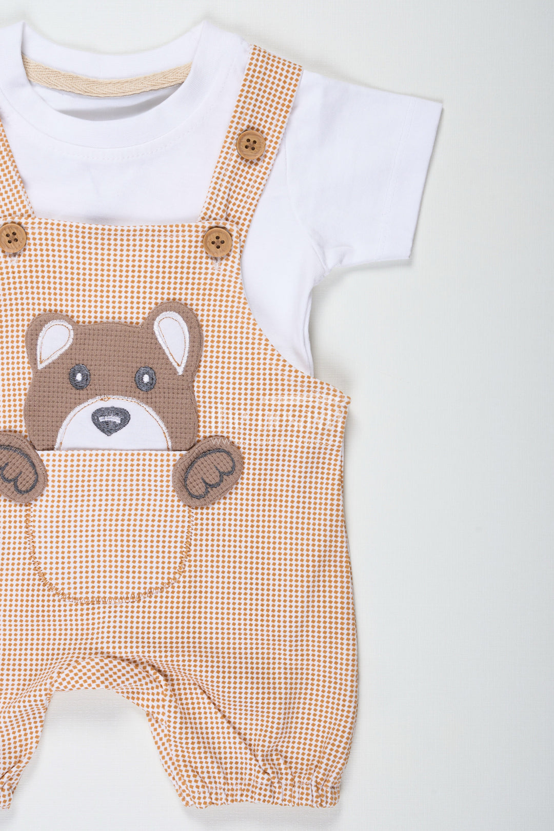 The Nesavu Boys Casual Set Boys Newborn Small Sleeve Romper Set with Bear Patch and Beige Striped Overalls in Soft Cotton Comfort Nesavu Nesavu Boys Newborn Small Sleeve Romper Set Bear Patch Beige Cotton Overalls