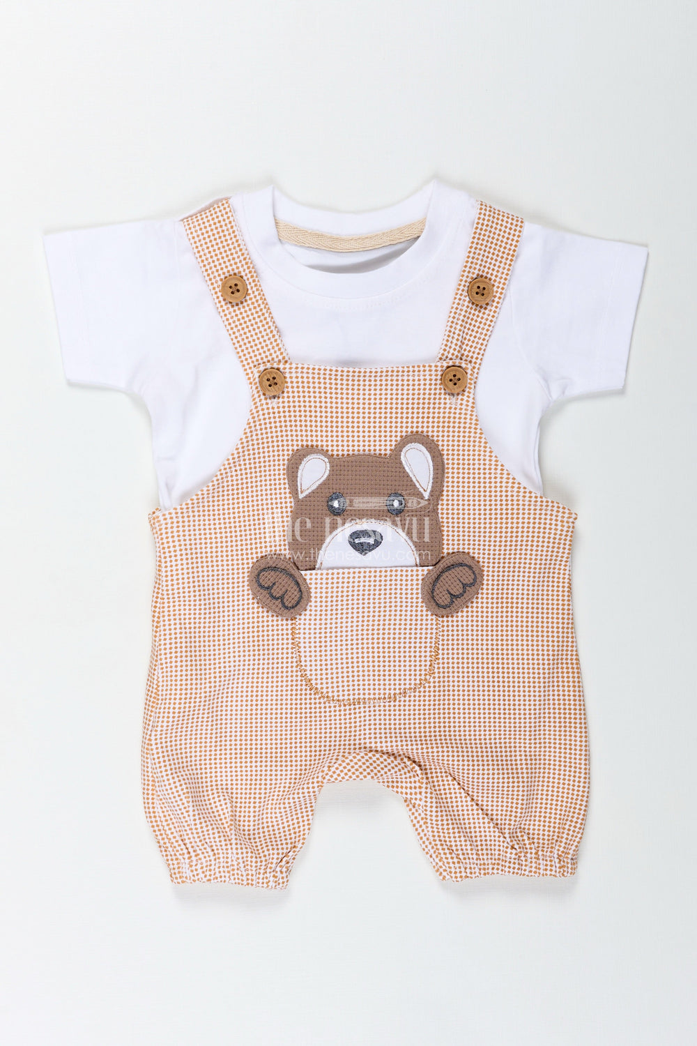 The Nesavu Boys Casual Set Boys Newborn Small Sleeve Romper Set with Bear Patch and Beige Striped Overalls in Soft Cotton Comfort Nesavu Nesavu Boys Newborn Small Sleeve Romper Set Bear Patch Beige Cotton Overalls