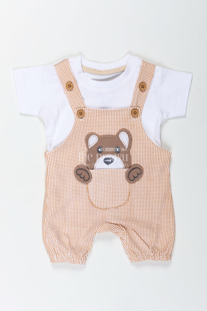 The Nesavu Boys Casual Set Boys Newborn Small Sleeve Romper Set with Bear Patch and Beige Striped Overalls in Soft Cotton Comfort Nesavu Nesavu Boys Newborn Small Sleeve Romper Set Bear Patch Beige Cotton Overalls