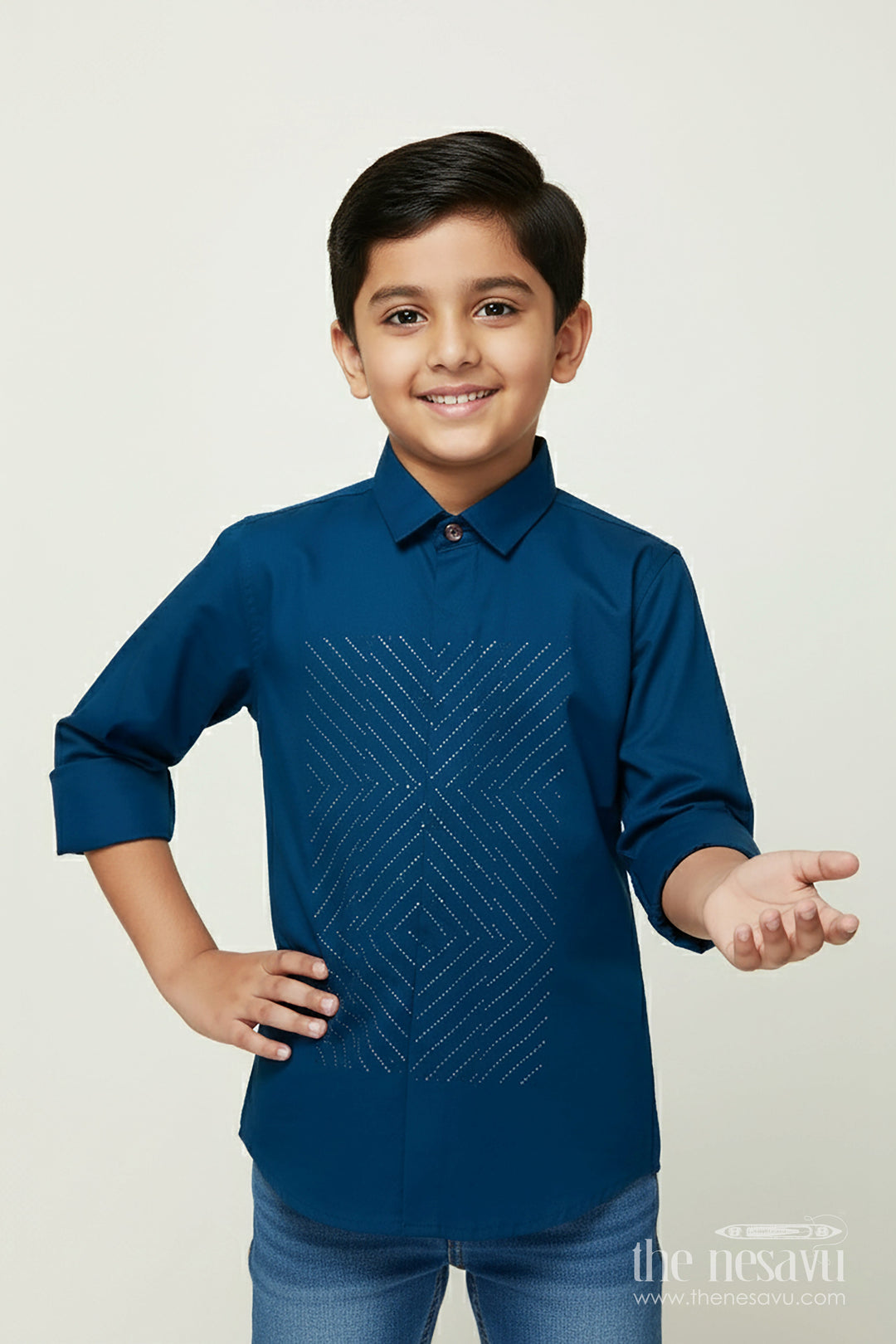 The Nesavu Boys Cotton Shirt Boys Occasion Wear Shirt with Stylish Foil Print for Parties and Events Nesavu 26 (6Y) / Blue BS349A-26 Nesavu boys stylish shirt foil print festive gatherings party occasions