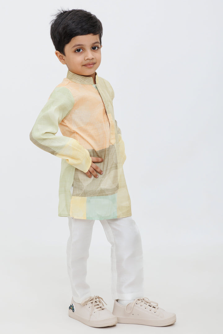 The Nesavu Boys Kurtha Set Boys Olive and Mustard Kurta Pajama Set with Geometric Leaf Print Nesavu 18 (2Y) / Green BES576A-18 Nesavu Boys Olive Mustard Kurta Pajama Set Geometric Leaf Print Festivals Weddings