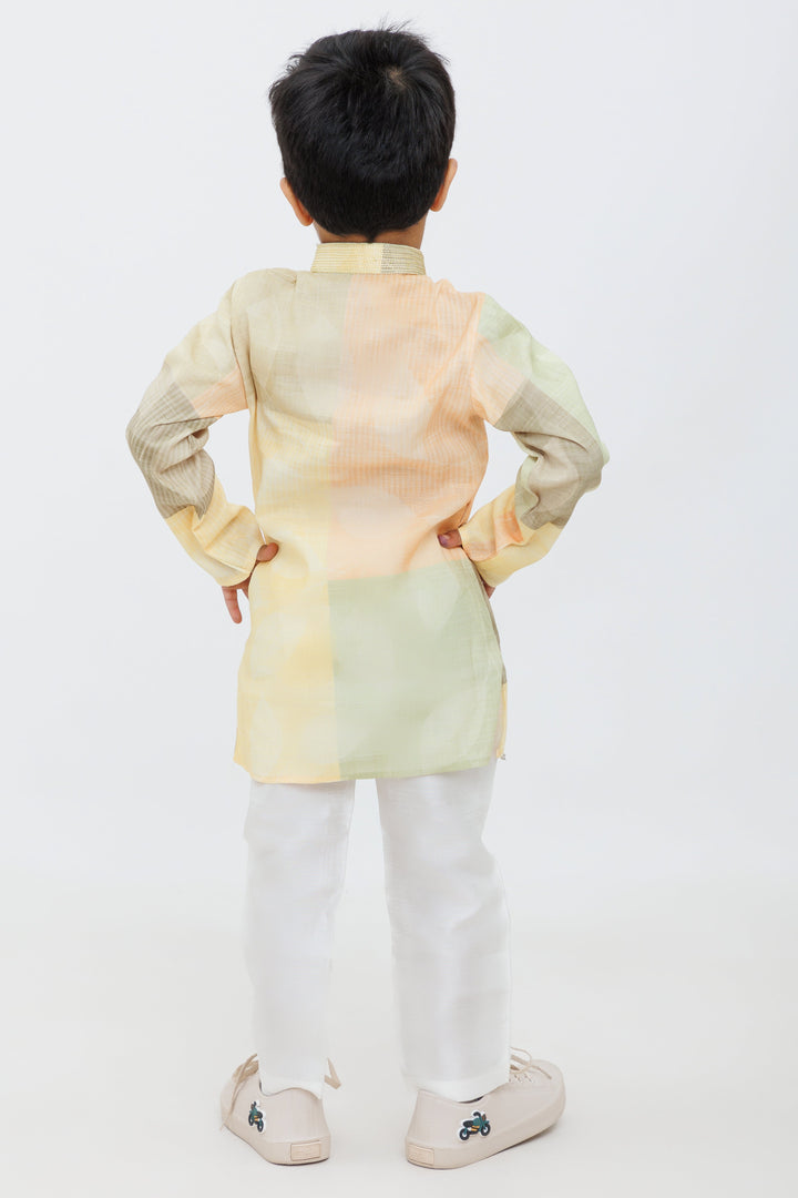 The Nesavu Boys Kurtha Set Boys Olive and Mustard Kurta Pajama Set with Geometric Leaf Print Nesavu Nesavu Boys Olive Mustard Kurta Pajama Set Geometric Leaf Print Festivals Weddings