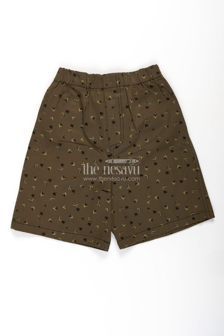 The Nesavu Boys Shorts Boys Olive Brown Cotton Loose Shorts with Micro Arrow and Palm Print and Relaxed Fit for Active Kids Nesavu 18 (2Y) / Green BWS061A-18 Nesavu Boys Cotton Loose Shorts Olive Brown Arrow Palm Print Comfortable Fit