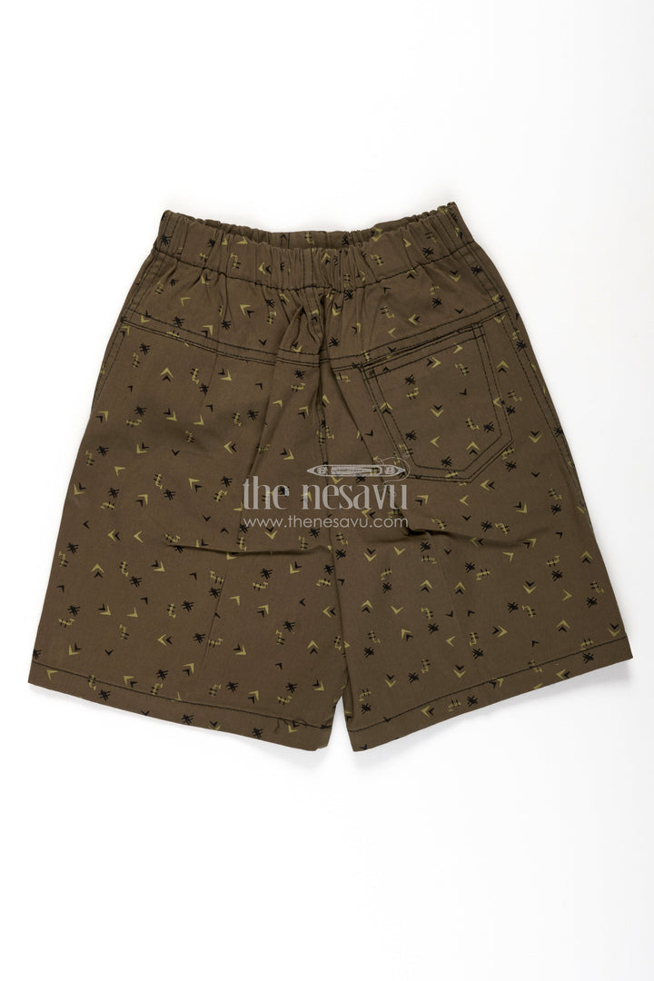 The Nesavu Boys Shorts Boys Olive Brown Cotton Loose Shorts with Micro Arrow and Palm Print and Relaxed Fit for Active Kids Nesavu Nesavu Boys Cotton Loose Shorts Olive Brown Arrow Palm Print Comfortable Fit