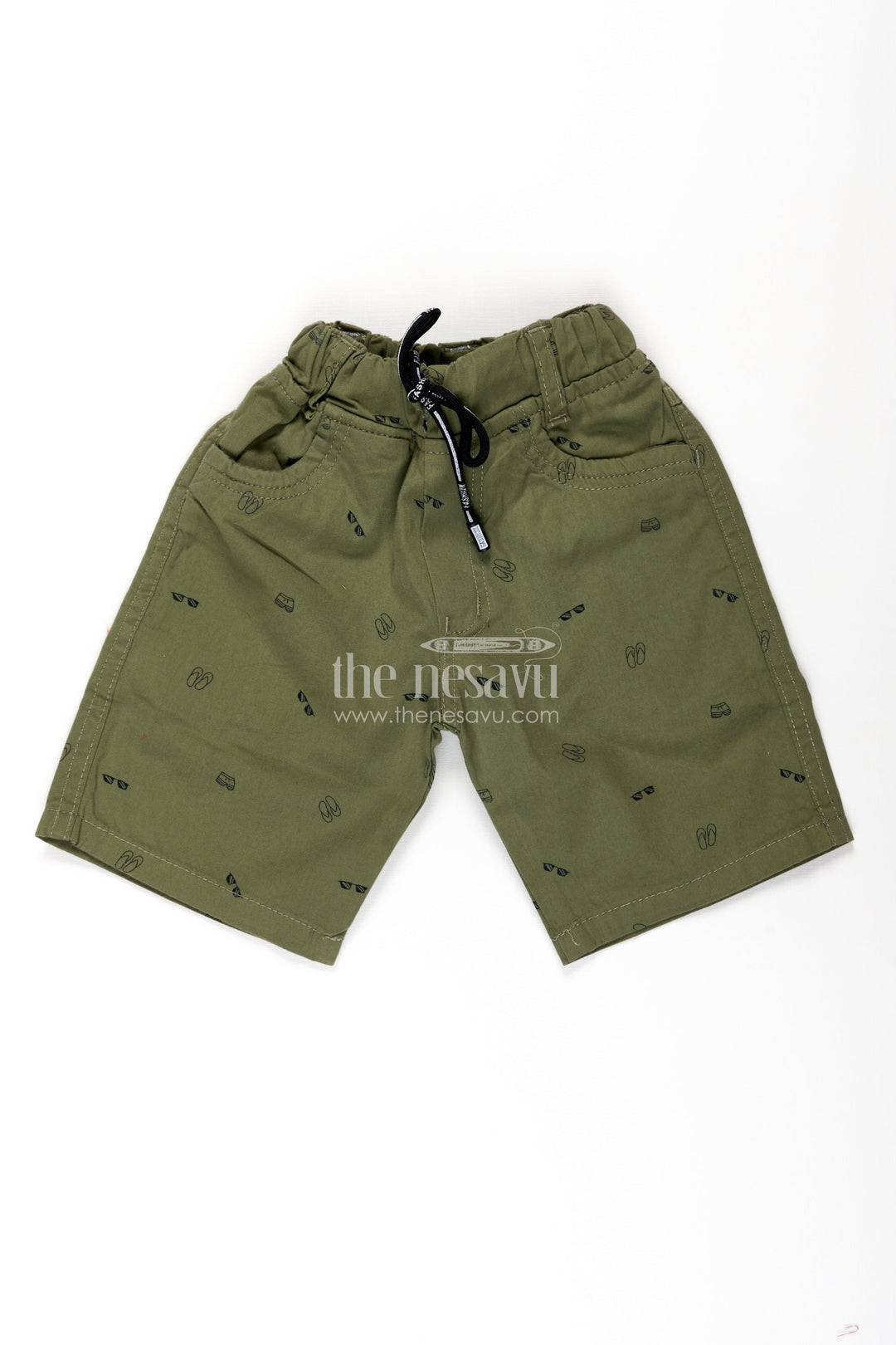 The Nesavu Boys Shorts Boys Olive Green Cotton Casual Shorts with All Over Digital Print and Front Pockets Nesavu 16 (1Y) / Green BWS019BA-16 Nesavu Boys Olive Cotton casual shorts Elastic Waistband Digital Print Detailing