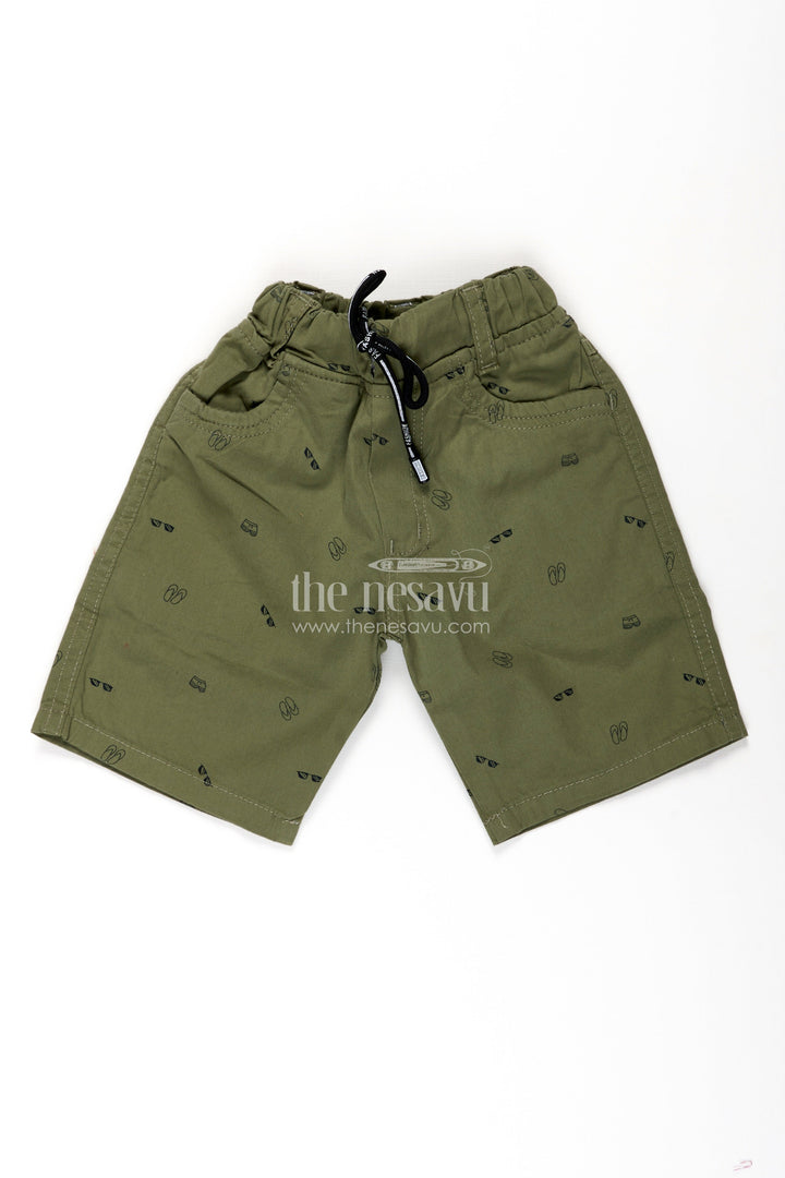 The Nesavu Boys Shorts Boys Olive Green Cotton Casual Shorts with All Over Digital Print and Front Pockets Nesavu 16 (1Y) / Green BWS019BA-16 Nesavu Boys Olive Cotton casual shorts Elastic Waistband Digital Print Detailing