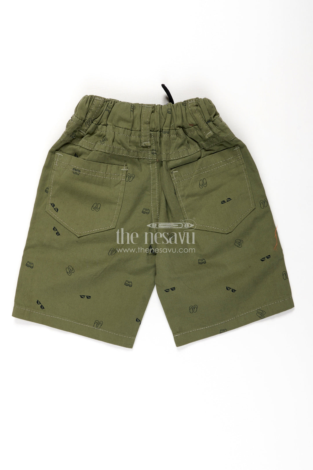 The Nesavu Boys Shorts Boys Olive Green Cotton Casual Shorts with All Over Digital Print and Front Pockets Nesavu Nesavu Boys Olive Cotton casual shorts Elastic Waistband Digital Print Detailing