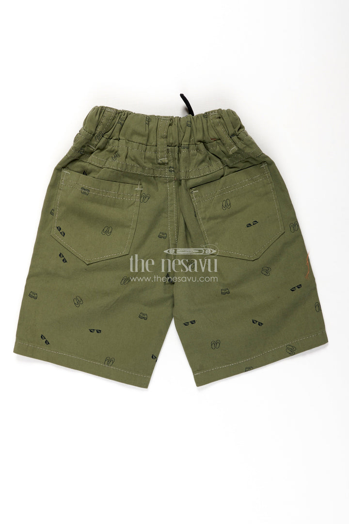 The Nesavu Boys Shorts Boys Olive Green Cotton Casual Shorts with All Over Digital Print and Front Pockets Nesavu Nesavu Boys Olive Cotton casual shorts Elastic Waistband Digital Print Detailing