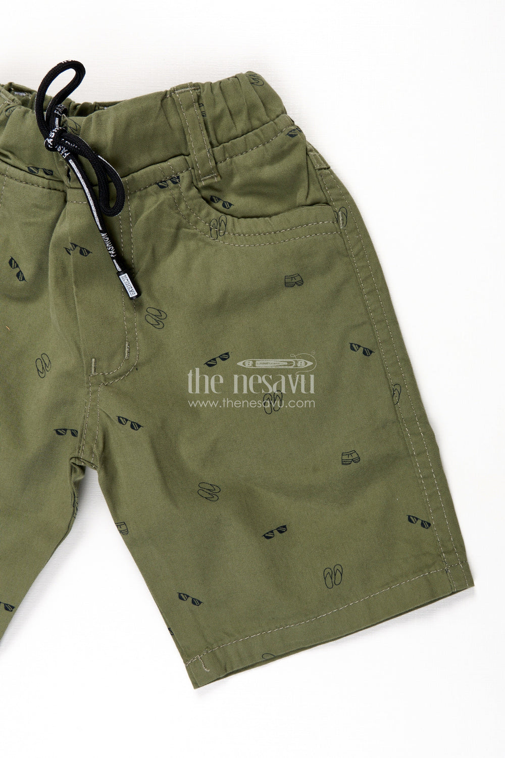 The Nesavu Boys Shorts Boys Olive Green Cotton Casual Shorts with All Over Digital Print and Front Pockets Nesavu Nesavu Boys Olive Cotton casual shorts Elastic Waistband Digital Print Detailing