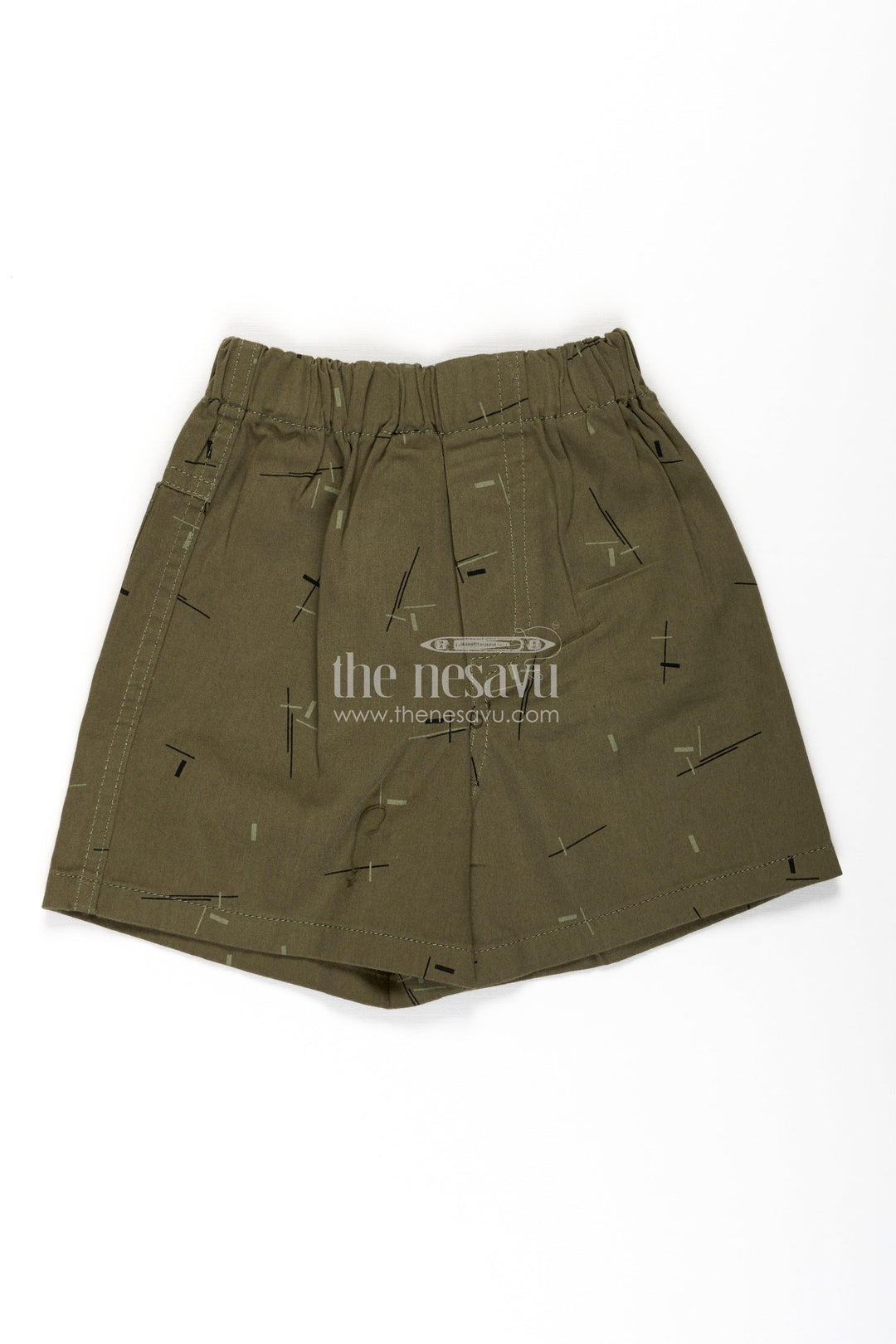 The Nesavu Boys Shorts Boys Olive Green Cotton Elasticized Shorts with Abstract Line Print and Soft Waistband for All Day Ease Nesavu 18 (2Y) / Green BWS059A-18 Nesavu Boys Olive Green Cotton Elasticized Shorts Abstract Line Print Comfortable Fit