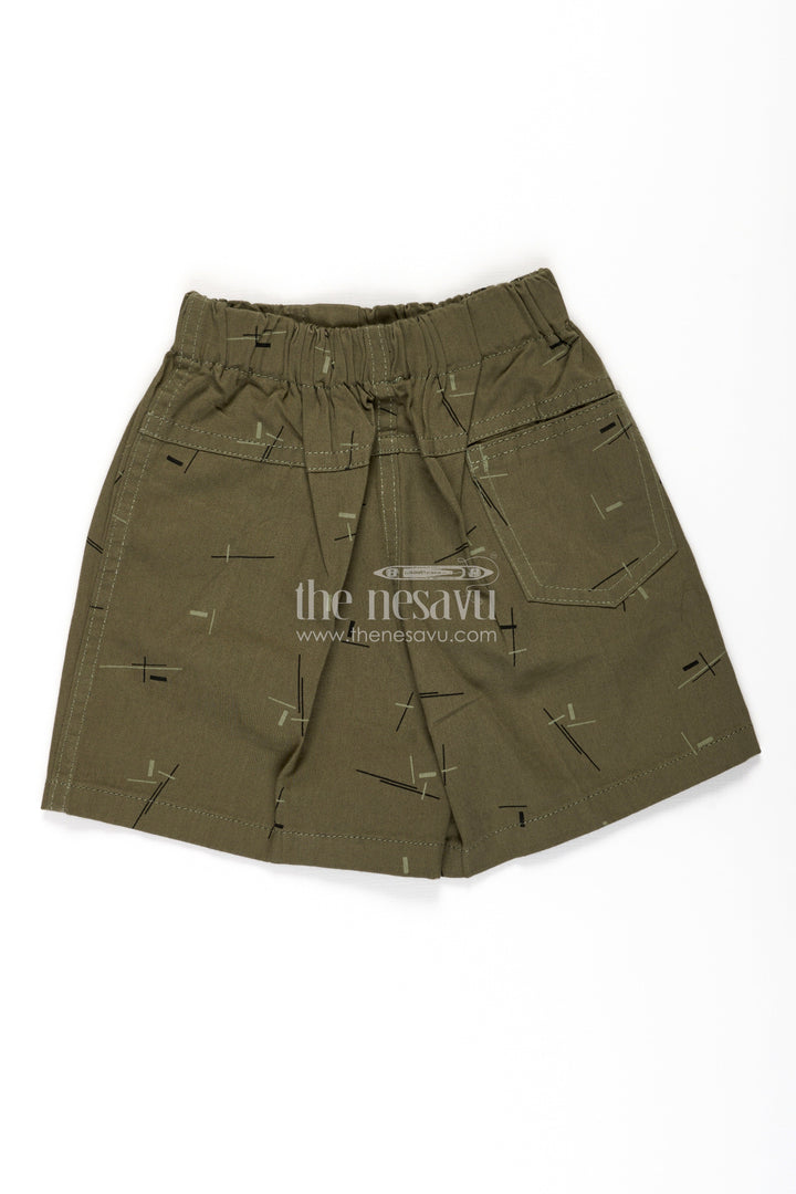 The Nesavu Boys Shorts Boys Olive Green Cotton Elasticized Shorts with Abstract Line Print and Soft Waistband for All Day Ease Nesavu Nesavu Boys Olive Green Cotton Elasticized Shorts Abstract Line Print Comfortable Fit
