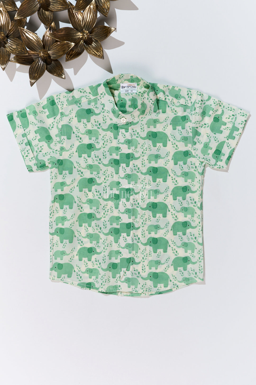 The Nesavu Boys Cotton Shirt Boys Olive Green Half Sleeve Shirt in Cotton Block Print with Adorable Elephant Design Nesavu 16 (1Y) / Green BS242C-16 Boys Olive Green Half Sleeve Shirt Cotton Block Print Cute Elephant Print | The Nesavu