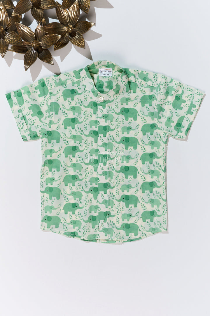 The Nesavu Boys Cotton Shirt Boys Olive Green Half Sleeve Shirt in Cotton Block Print with Adorable Elephant Design Nesavu 16 (1Y) / Green BS242C-16 Boys Olive Green Half Sleeve Shirt Cotton Block Print Cute Elephant Print | The Nesavu