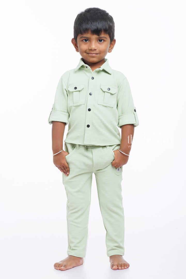 The Nesavu Boys Casual Set Boys Olive Green Shirt and Pant Casual Set - Fresh Style Nesavu 14 (6M) / Green / Knitted Lycra BES528B-14 Olive Green Boys Casual Set | Chic and Comfortable for Everyday Wear | The Nesavu