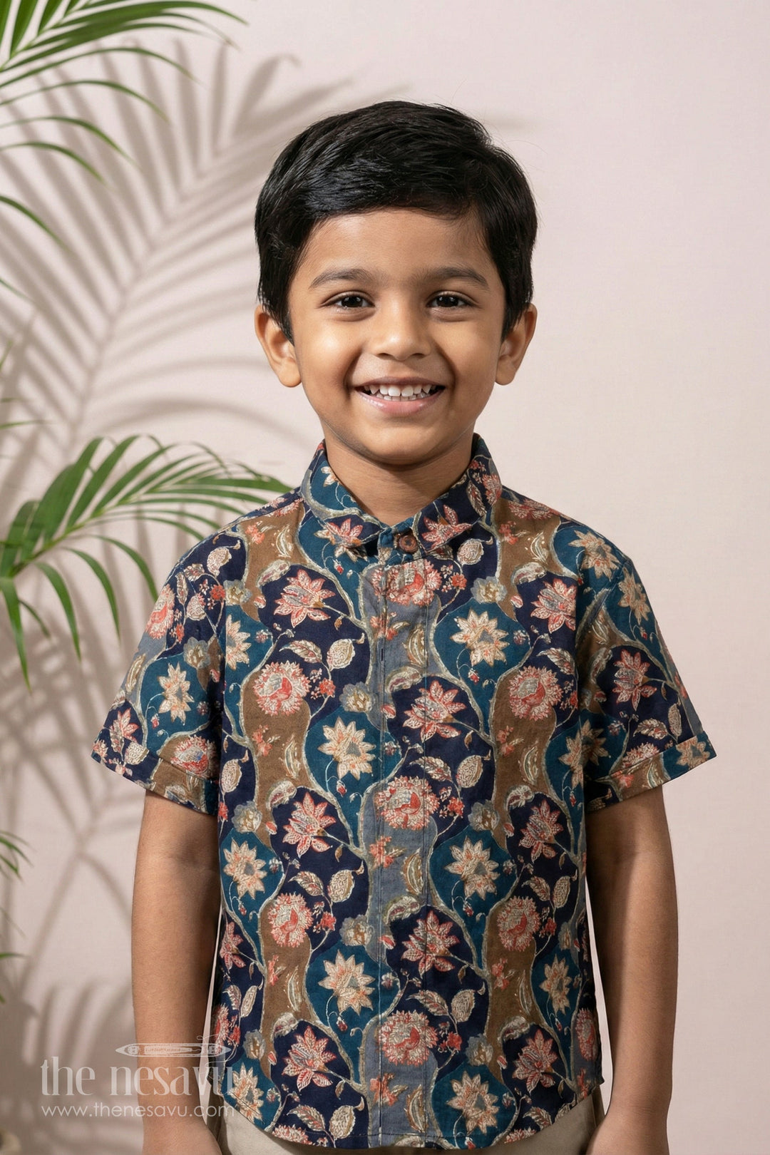 The Nesavu Boys Cotton Shirt Boys Opulent Botanical Cotton Shirtelegance in Every Thread Nesavu 16 (1Y) / Blue / Viscose Silk BS133B-16 Boys Luxe Botanical Print Shirt | The Nesavu
