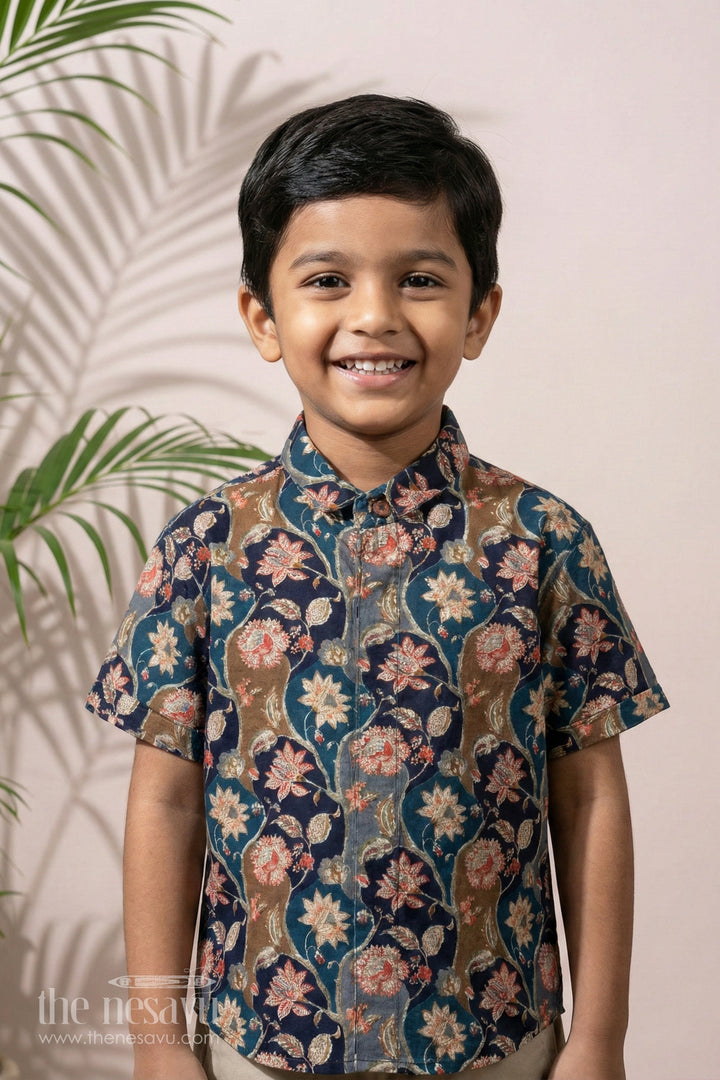 The Nesavu Boys Cotton Shirt Boys Opulent Botanical Cotton Shirtelegance in Every Thread Nesavu 16 (1Y) / Blue / Viscose Silk BS133B-16 Boys Luxe Botanical Print Shirt | The Nesavu