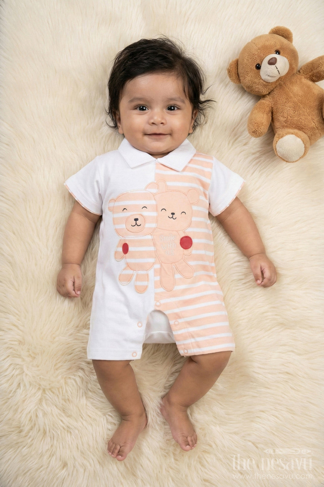 The Nesavu Boys Casual Set Boys Orange and White Romper with Teddy Bear Appliques for Everyday Comfort Nesavu 10 (NB) / Orange BCS155B-10 Nesavu Boys Orange White Romper Teddy Bear Appliques Comfortable Everyday Wear