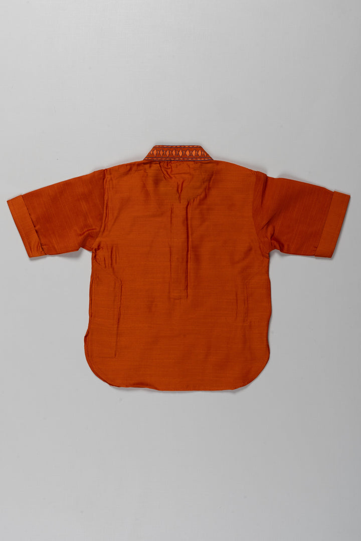The Nesavu Boys Kurtha Shirt Boys Orange Cotton Blend Shirt with Embellished Neckline Detailing and Casual Dress Shirts Look Nesavu Nesavu Boys Orange Cotton Blend Shirt Decorative Collar casual dress shirts Appeal