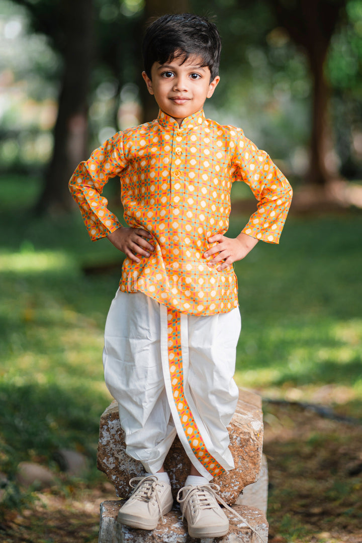 The Nesavu Boys Dothi Set Boys Orange Cotton Dhoti Set with Traditional Geometric Kurta for Festive Celebrations Nesavu Nesavu Boys Orange Dhoti Set Geometric Kurta Festivals Special Occasions