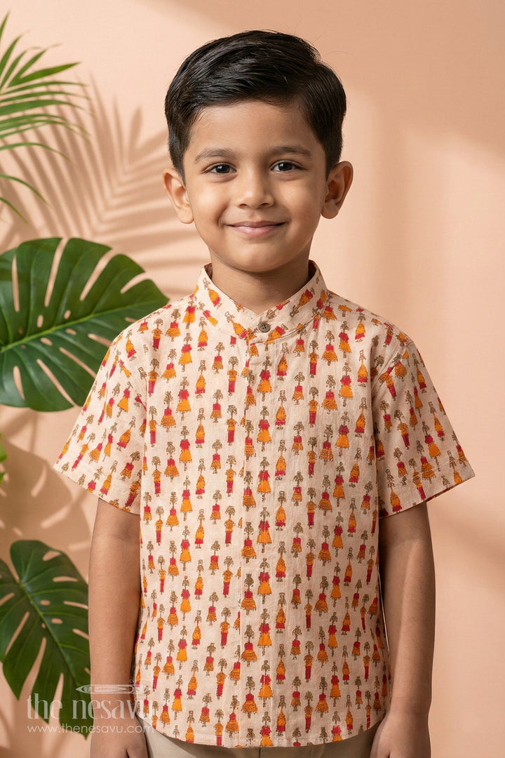 The Nesavu Boys Cotton Shirt Boys Orange Cotton Shirt with Little Girl Print for Casual Outings and Festive Occasions Nesavu 16 (1Y) / Orange BS172B-16 Nesavu Boys Orange Cotton Shirt Colorful Little Girl Print Casual Festive Occasions