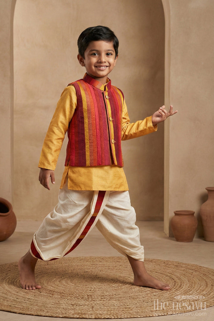 The Nesavu Boys Dothi Set Boys Orange Dhoti Set with Striped Nehru Jacket for Festive Celebrations and Family Gatherings Nesavu 12 (3M) / Orange BES586A-12 Nesavu Boys Orange Dhoti Set Striped Nehru Jacket Traditional Festive Celebrations