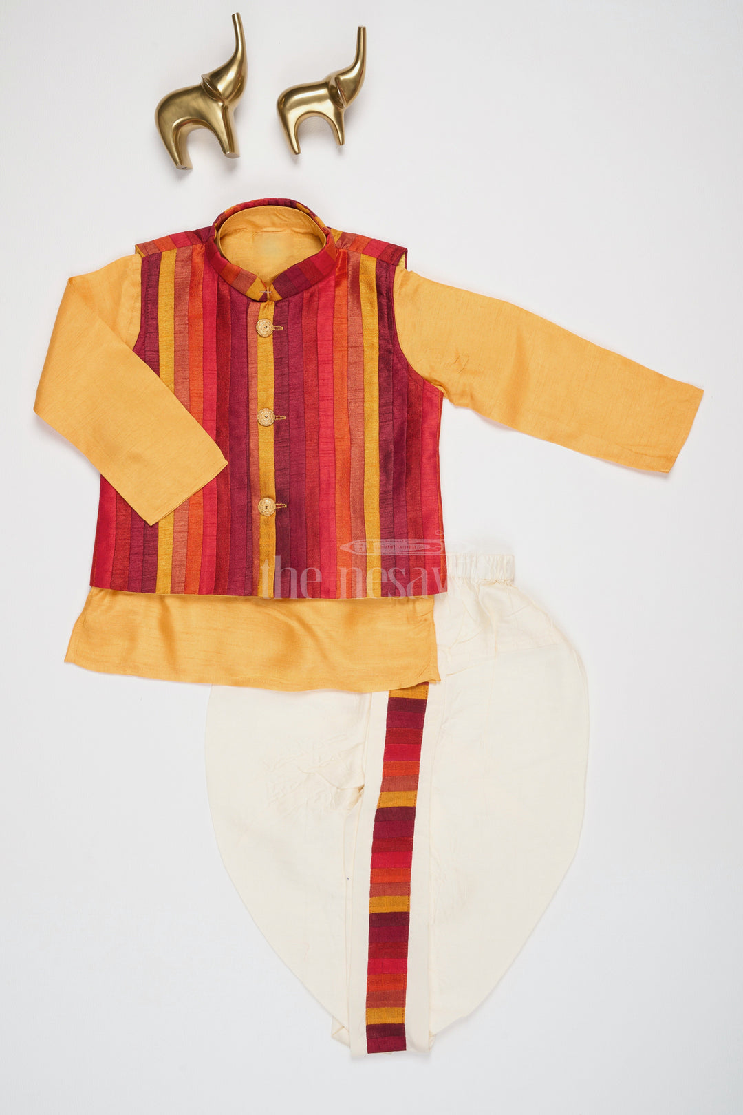 The Nesavu Boys Dothi Set Boys Orange Dhoti Set with Striped Nehru Jacket for Festive Celebrations and Family Gatherings Nesavu Nesavu Boys Orange Dhoti Set Striped Nehru Jacket Traditional Festive Celebrations