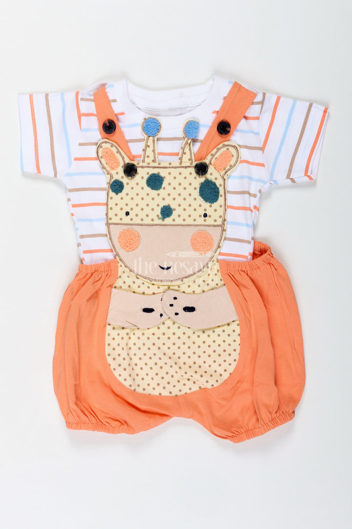 The Nesavu Boys Casual Set Boys Orange Shirt and Short Set with Giraffe Patch and Striped Tee for Bright and Breezy Casual Wear Nesavu 14 (6M) / Orange BCS288B-14 Nesavu Boys Orange Shirt Short Set Giraffe Patch Soft Cotton Striped Tee Playful Days