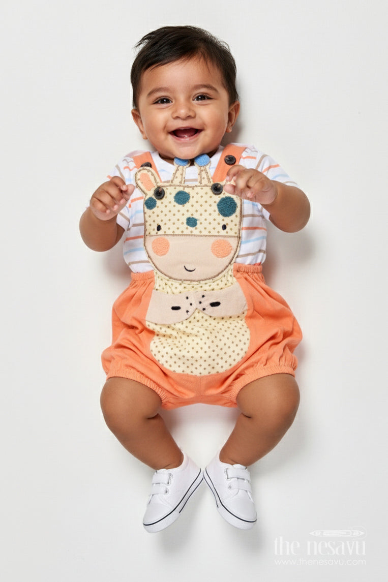 The Nesavu Boys Casual Set Boys Orange Shirt and Short Set with Giraffe Patch and Striped Tee for Bright and Breezy Casual Wear Nesavu 14 (6M) / Orange BCS288B-14 Nesavu Boys Orange Shirt Short Set Giraffe Patch Soft Cotton Striped Tee Playful Days