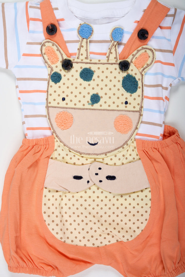 The Nesavu Boys Casual Set Boys Orange Shirt and Short Set with Giraffe Patch and Striped Tee for Bright and Breezy Casual Wear Nesavu Nesavu Boys Orange Shirt Short Set Giraffe Patch Soft Cotton Striped Tee Playful Days