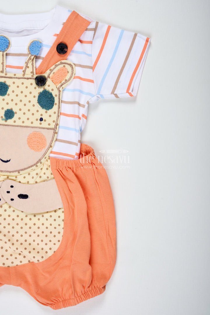 The Nesavu Boys Casual Set Boys Orange Shirt and Short Set with Giraffe Patch and Striped Tee for Bright and Breezy Casual Wear Nesavu Nesavu Boys Orange Shirt Short Set Giraffe Patch Soft Cotton Striped Tee Playful Days