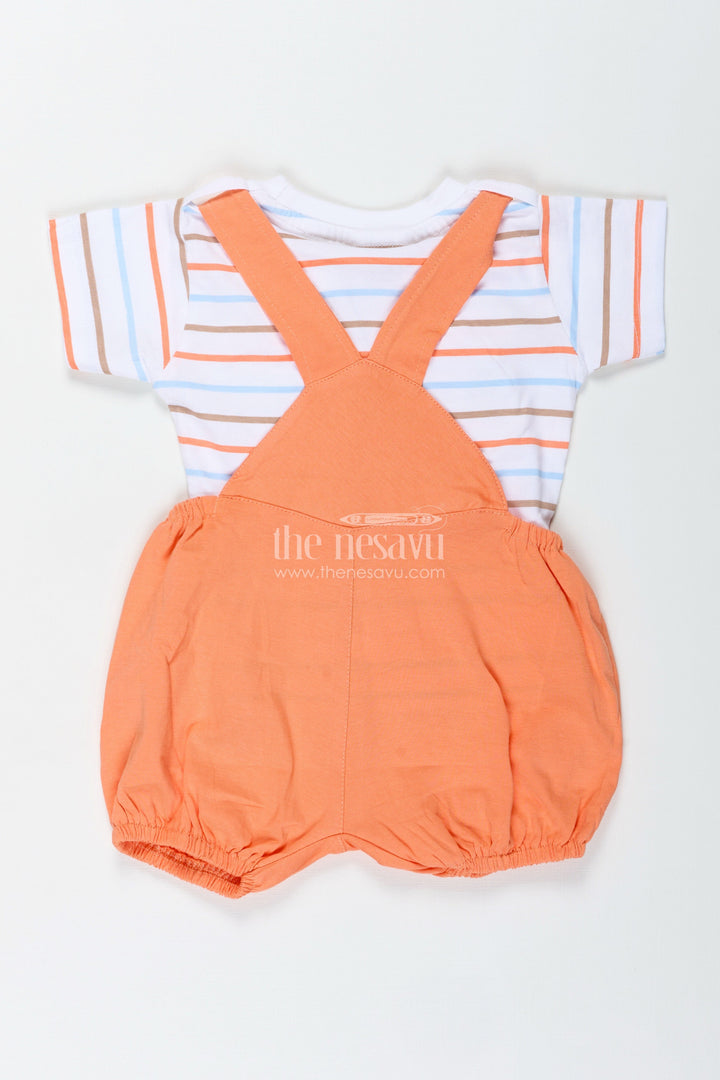 The Nesavu Boys Casual Set Boys Orange Shirt and Short Set with Giraffe Patch and Striped Tee for Bright and Breezy Casual Wear Nesavu Nesavu Boys Orange Shirt Short Set Giraffe Patch Soft Cotton Striped Tee Playful Days