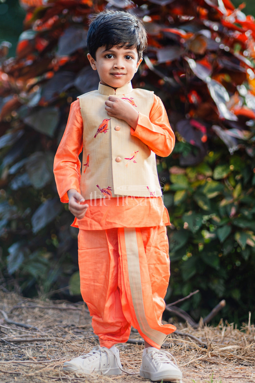 The Nesavu Boys Dothi Set Boys Orange Silk Blend Dhoti Set with Embroidered Bird Motif Jacket for Traditional Gatherings Nesavu 10 (NB) / Orange BES585A-10 Nesavu Boys Orange Dhoti Set Embroidered Nehru Jacket Festive Cultural Events