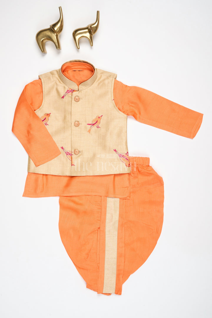 The Nesavu Boys Dothi Set Boys Orange Silk Blend Dhoti Set with Embroidered Bird Motif Jacket for Traditional Gatherings Nesavu Nesavu Boys Orange Dhoti Set Embroidered Nehru Jacket Festive Cultural Events