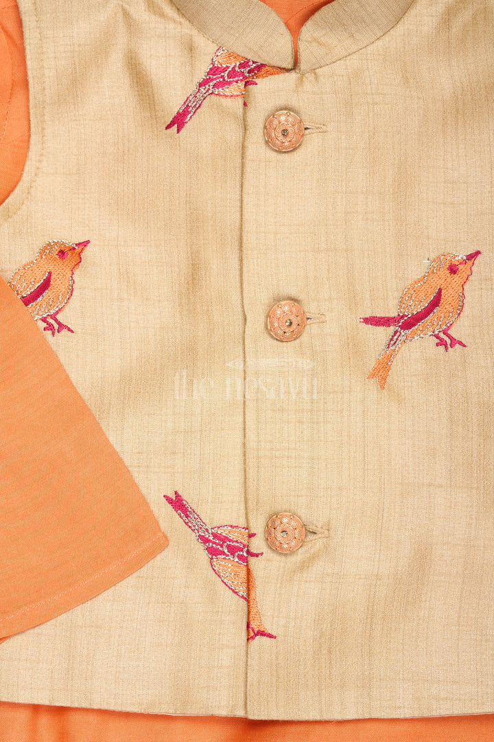 The Nesavu Boys Dothi Set Boys Orange Silk Blend Dhoti Set with Embroidered Bird Motif Jacket for Traditional Gatherings Nesavu Nesavu Boys Orange Dhoti Set Embroidered Nehru Jacket Festive Cultural Events